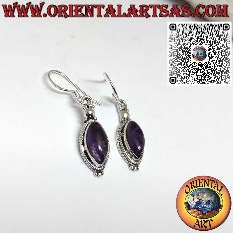 Silver earrings with a cabochon shuttle amethyst surrounded by braid