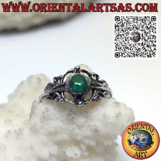 Silver ring with round green agate and baroque decorations, small