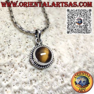 Pendentif rond en argent avec un œil de tigre entouré d'une tresse