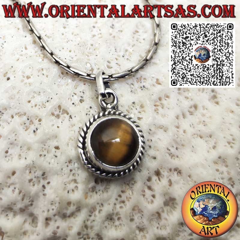 Pendentif rond en argent avec un œil de tigre entouré d'une tresse