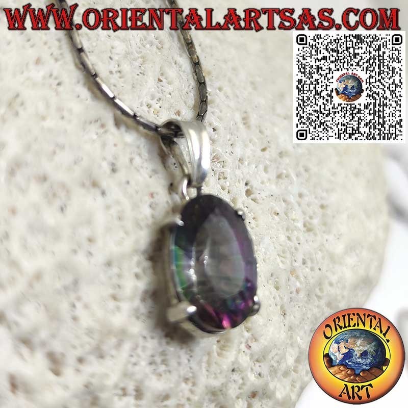 Ciondolo in argento con quarzo rosa ovale su montatura liscia doppia