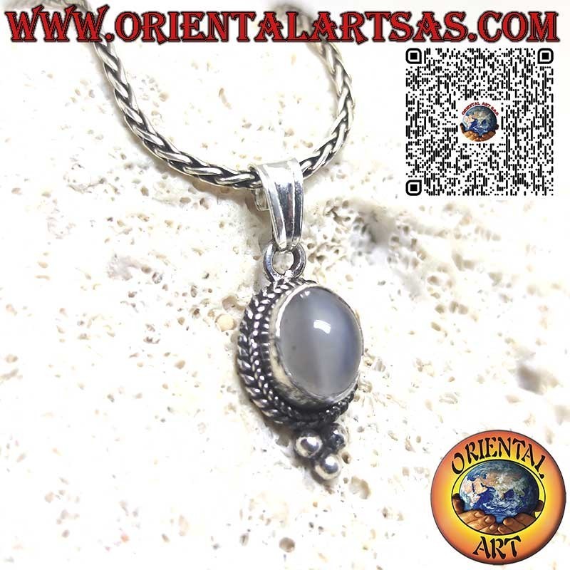 Silver pendant with natural oval moonstone surrounded by 3 spheres