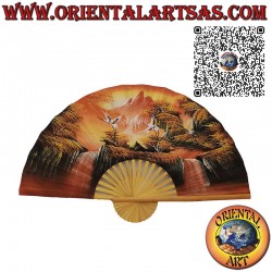 Hand-painted Wall Fan – Mountains, Waterfalls and Birds of Paradise