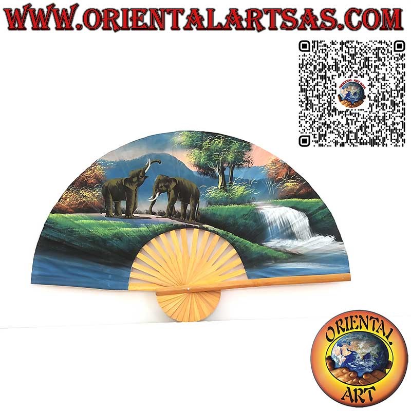 Hand-painted wall fan – pair of elephants near the pond