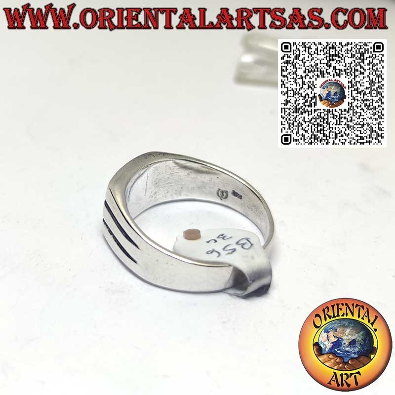 Anello in argento con turchese rettangolare a filo e due linee orizzontali incise sui lati