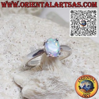 Anillo de plata con ópalo arlequín ovalado engastado con 4 garras
