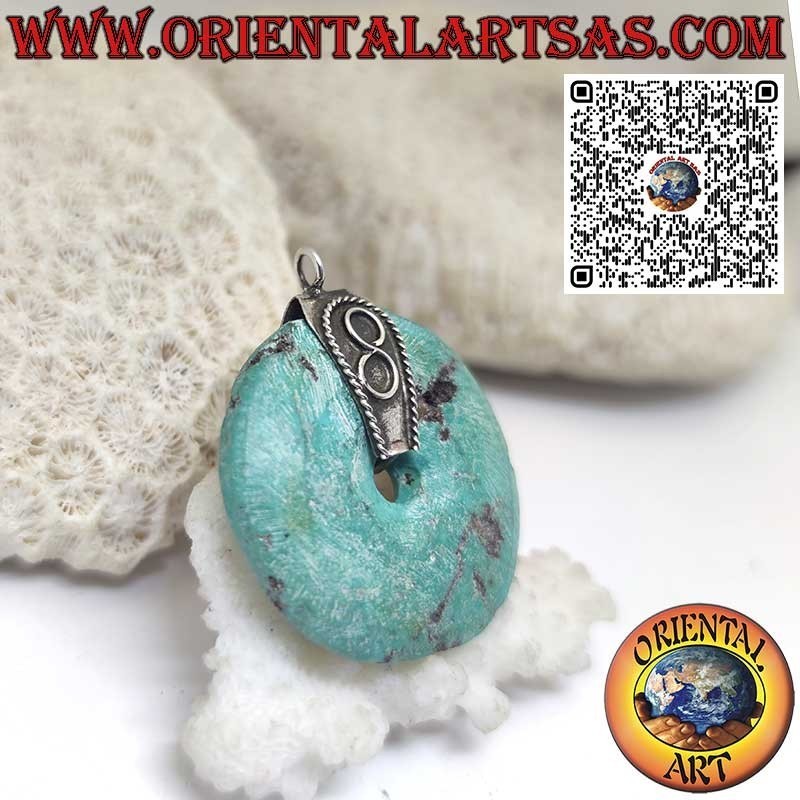 Natural Turquoise Donut Pendant, Diameter 32mm, with Silver Hook