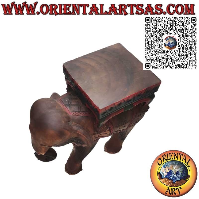 Escultura de elefante indio con dosel sobre un solo bloque de madera de suar pintado a mano 40cm