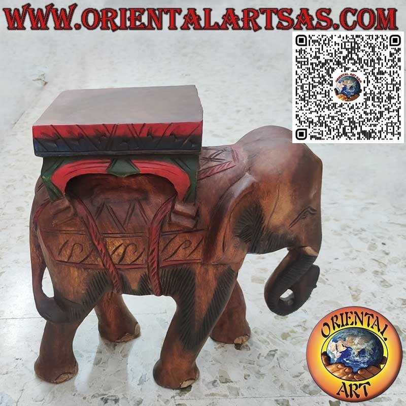Escultura de elefante indio con dosel sobre un solo bloque de madera de suar pintado a mano 40cm