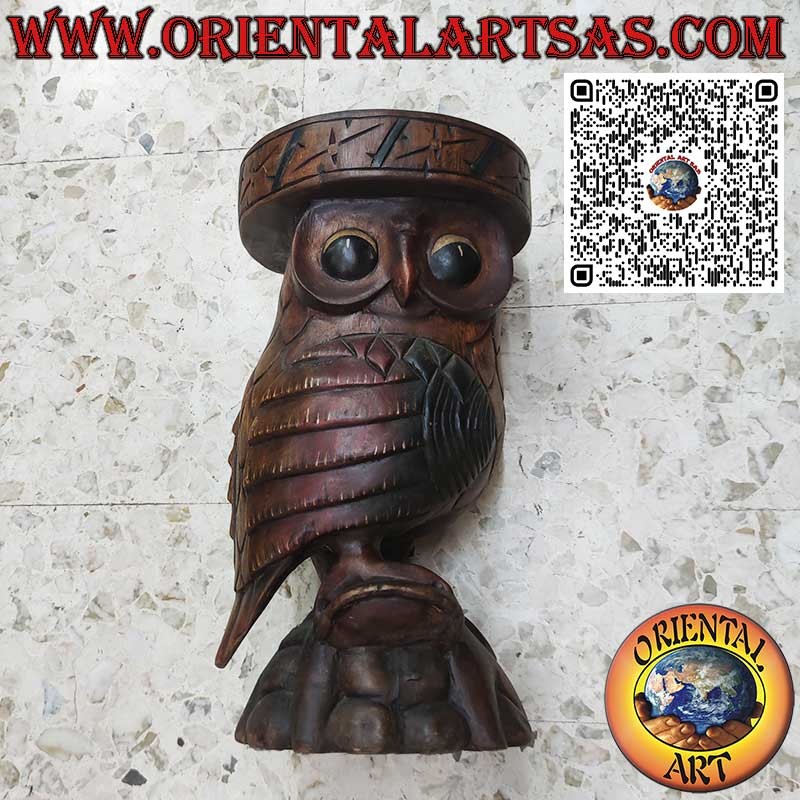 Owl sculpture with a support surface in a single block of 50 cm suar wood