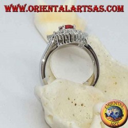 Silver ring with synthetic round ruby set surrounded by rhombus zirocones