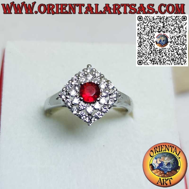 Silver ring with synthetic round ruby set surrounded by rhombus zirocones