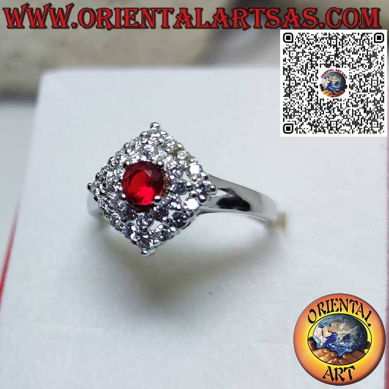 Silver ring with synthetic round ruby set surrounded by rhombus zirocones