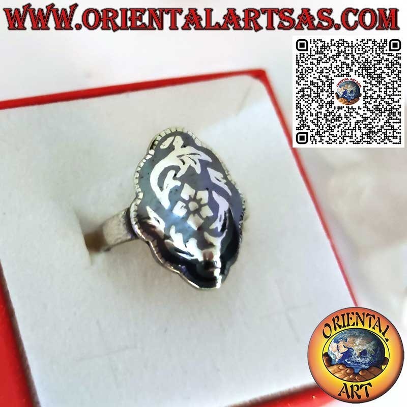 Silver ring with floral decorations in Niello handmade