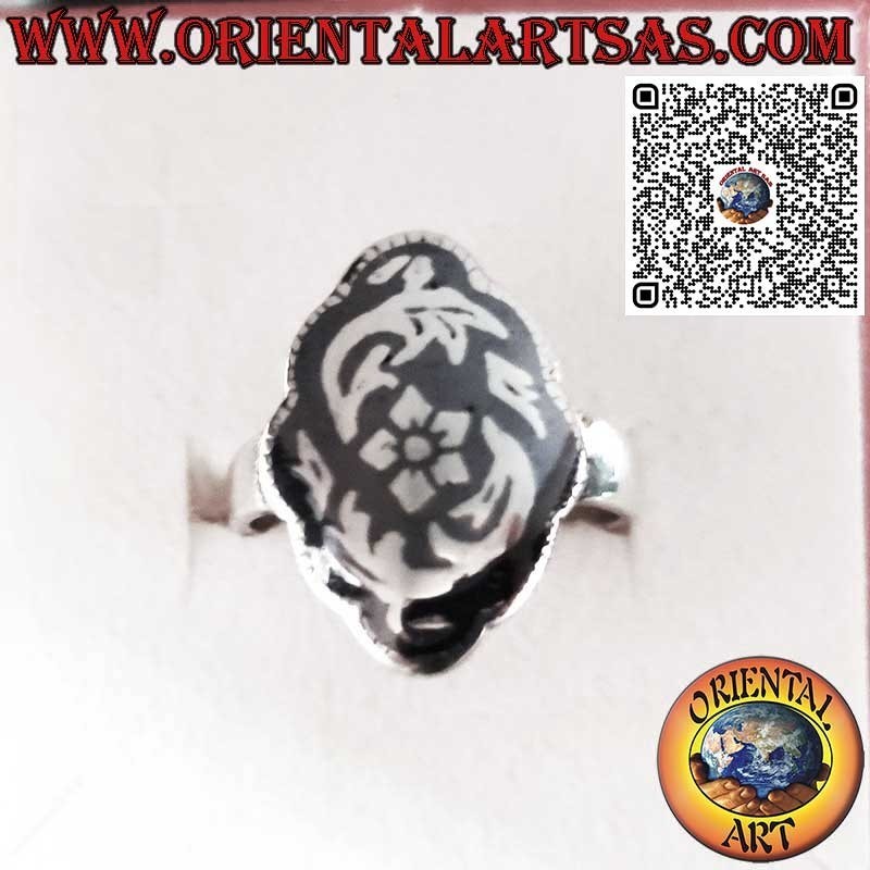 Silver ring with floral decorations in Niello handmade