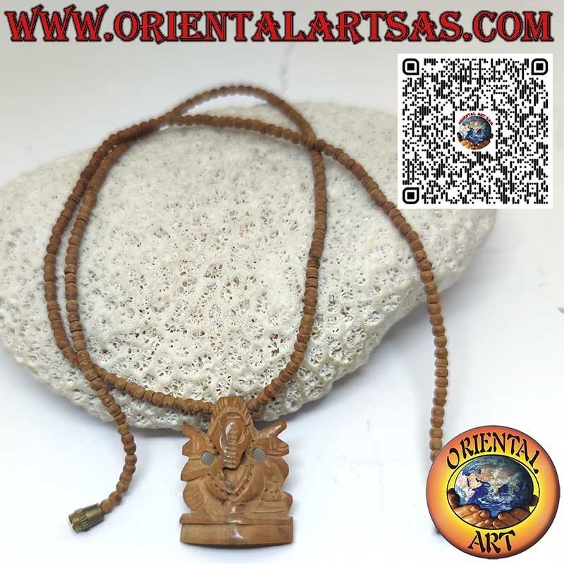Handmade Sandalwood Ganesh Sculpture Necklace with Beads