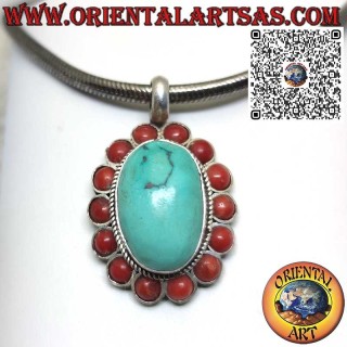 Pendentif en argent avec turquoise tibétaine naturelle et 14 coraux rouges