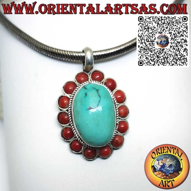 Pendentif en argent avec turquoise tibétaine naturelle et 14 coraux rouges