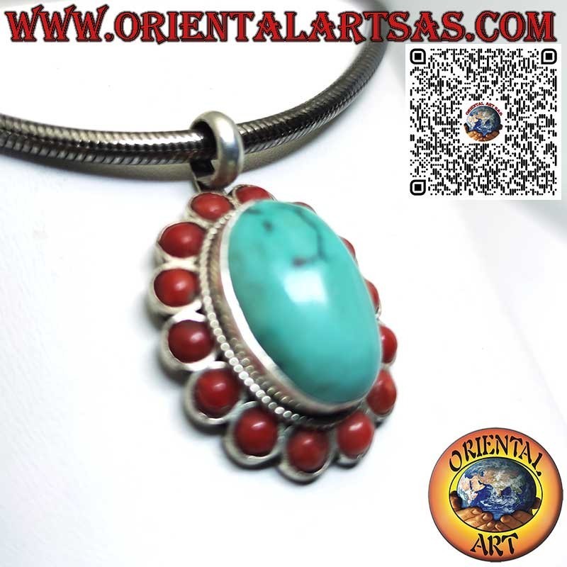 Silver Pendant with Natural Tibetan Turquoise and 14 Red Corals