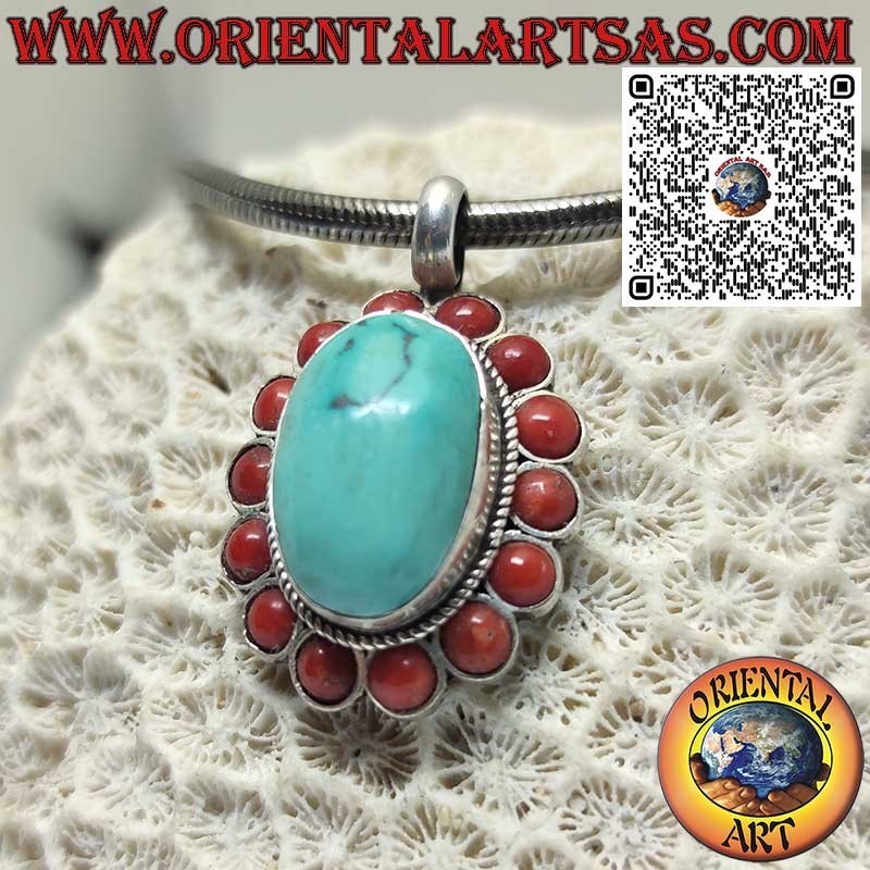 Silver Pendant with Natural Tibetan Turquoise and 14 Red Corals