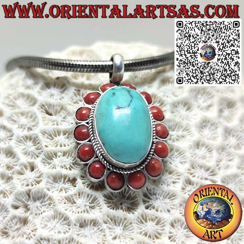 Pendentif en argent avec turquoise tibétaine naturelle et 14 coraux rouges