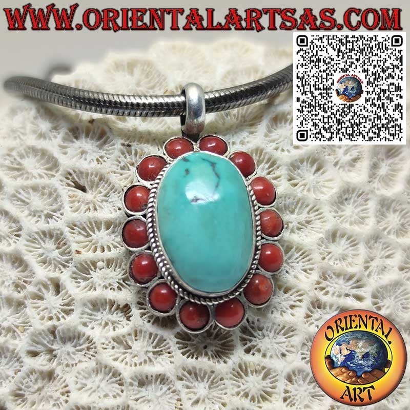 Silver Pendant with Natural Tibetan Turquoise and 14 Red Corals