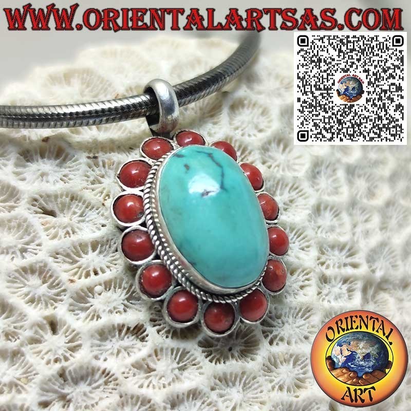 Silver Pendant with Natural Tibetan Turquoise and 14 Red Corals