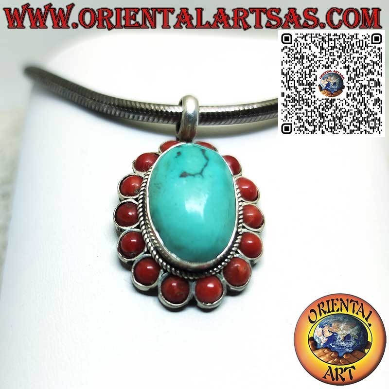 Silver Pendant with Natural Tibetan Turquoise and 14 Red Corals