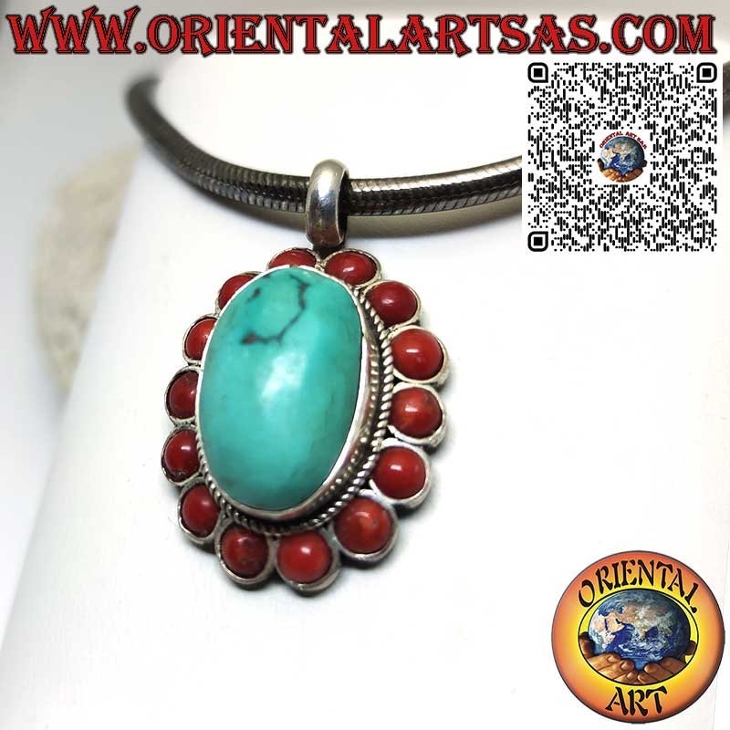 Pendentif en argent avec turquoise tibétaine naturelle et 14 coraux rouges