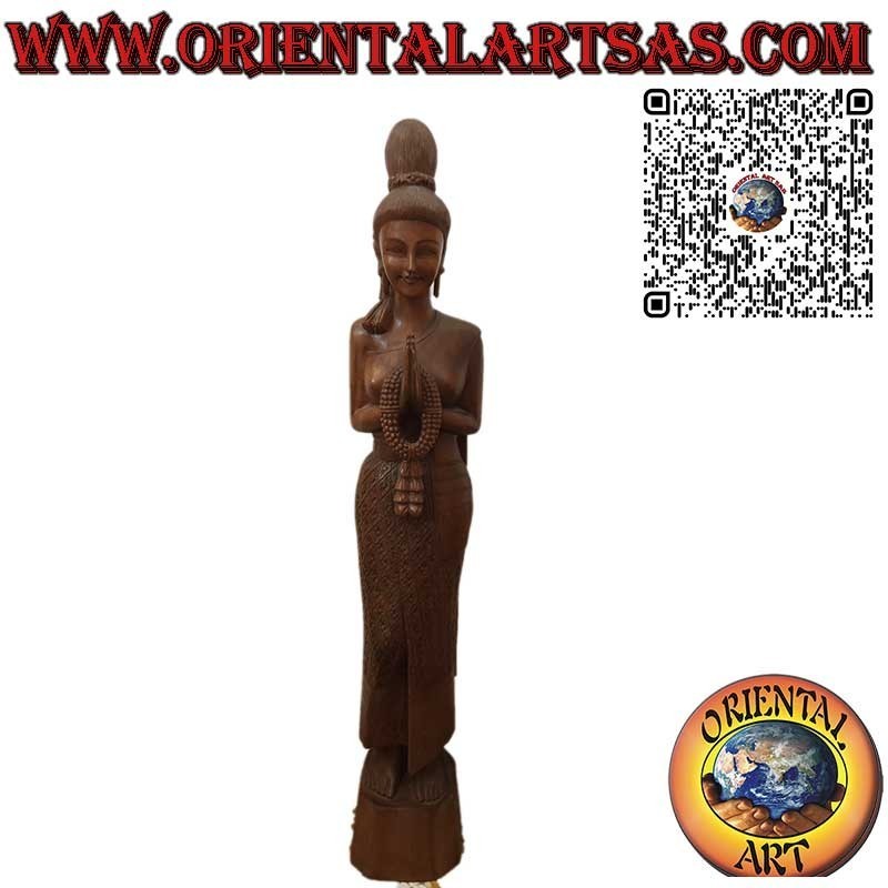 Thai woman sculpture with Sawasdee greeting in wood, floral carvings, 150 cm