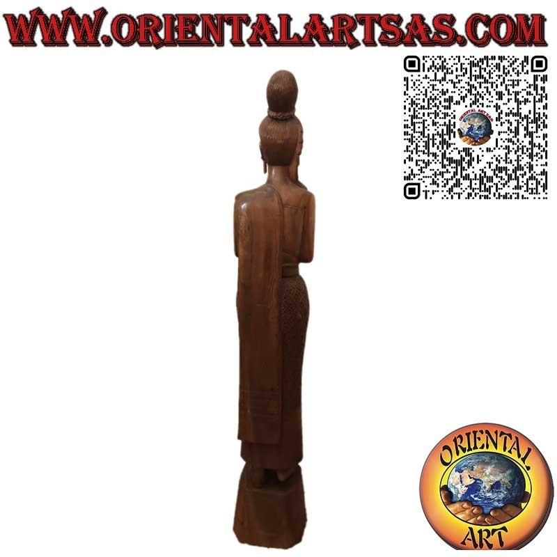 Thailändische Frau Skulptur mit Sawasdee-Gruß aus Holz, Blumenmuster, 150 cm