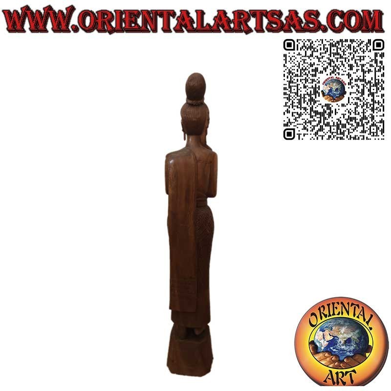 Sculpture femme thaï avec salut Sawasdee en bois et motifs floraux 150 cm