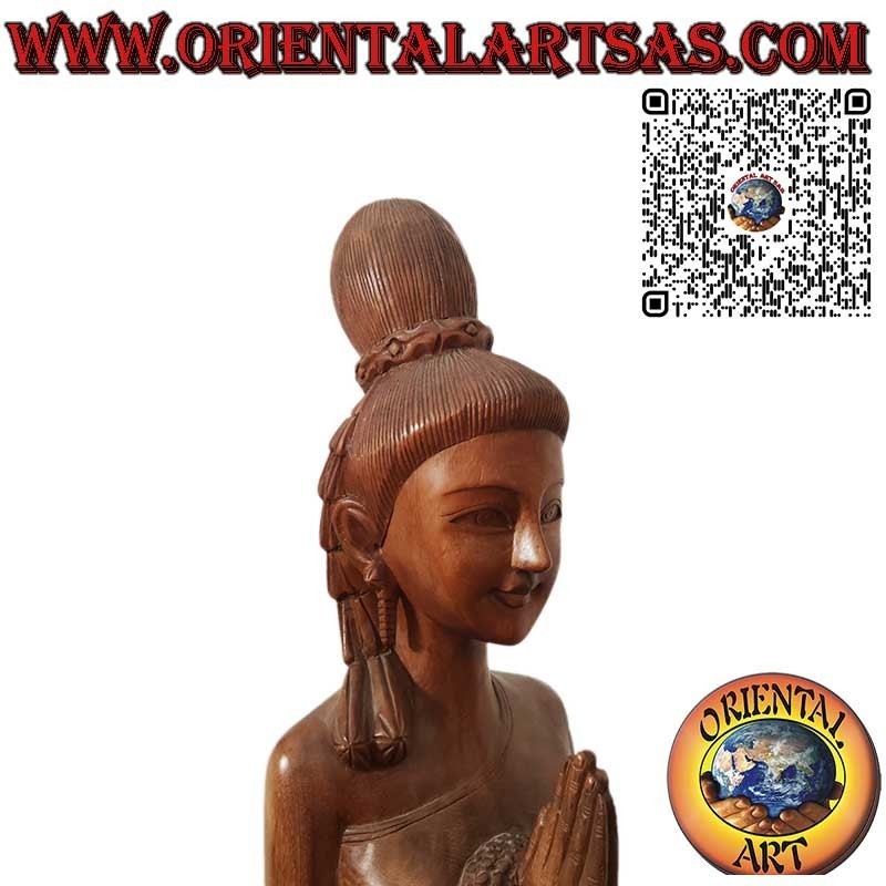 Thailändische Frau Skulptur mit Sawasdee-Gruß aus Holz, Blumenmuster, 150 cm