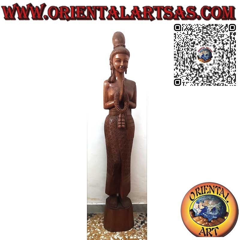 Thailändische Frau Skulptur mit Sawasdee-Gruß aus Holz, Blumenmuster, 150 cm