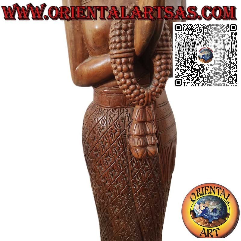 Sculpture femme thaï avec salut Sawasdee en bois et motifs floraux 150 cm