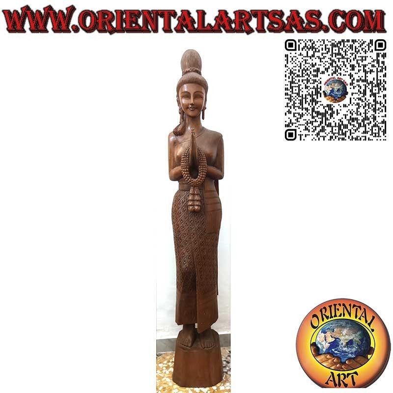 Thailändische Frau Skulptur mit Sawasdee-Gruß aus Holz, Blumenmuster, 150 cm
