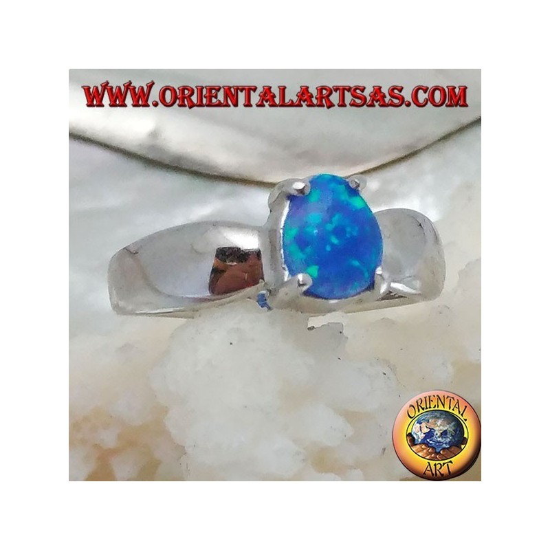 Silver ring with oval blue opal set and bow setting