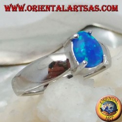 Silver ring with oval blue opal set and bow setting