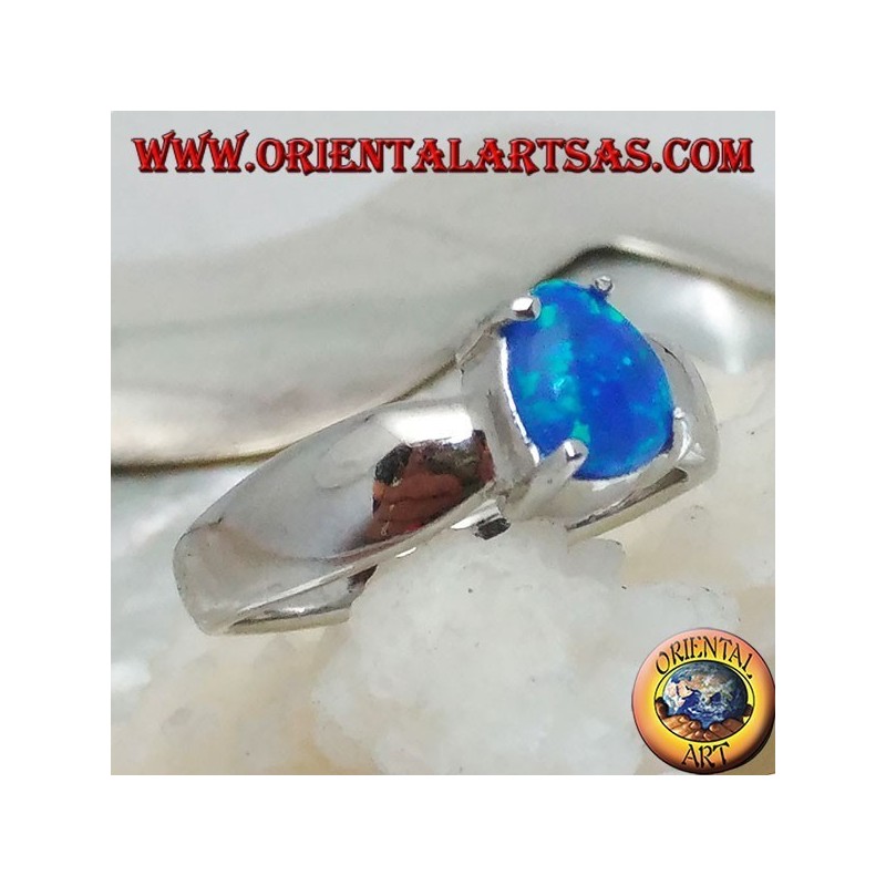 Silver ring with oval blue opal set and bow setting