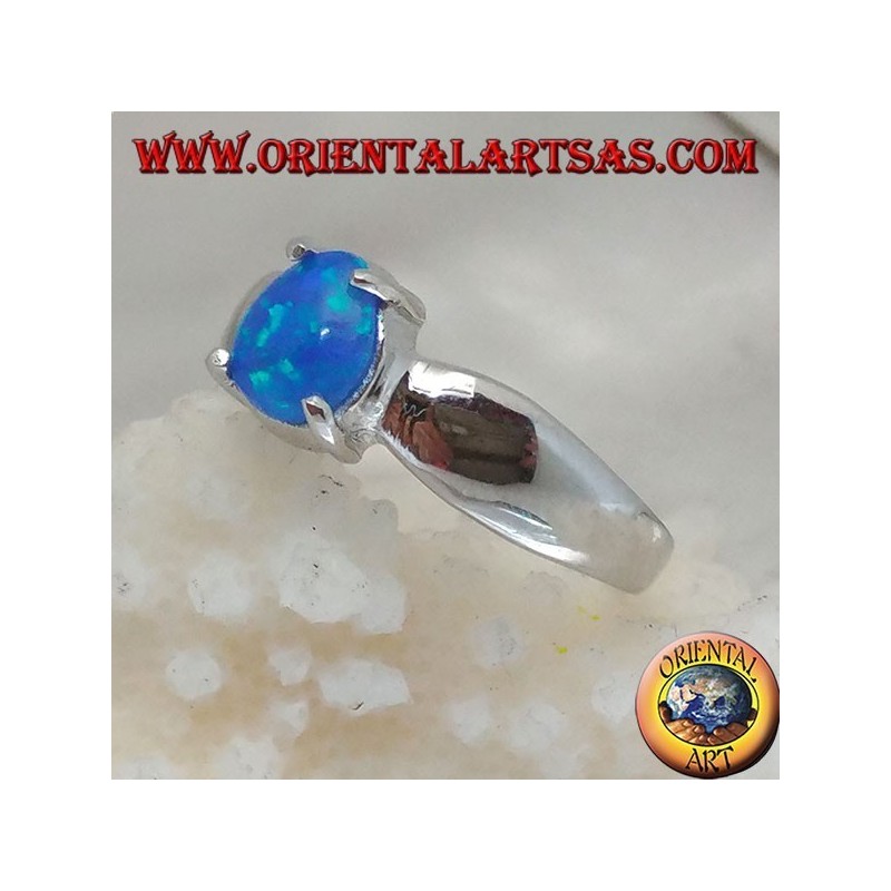 Silver ring with oval blue opal set and bow setting