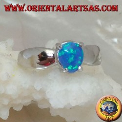 Silver ring with oval blue opal set and bow setting