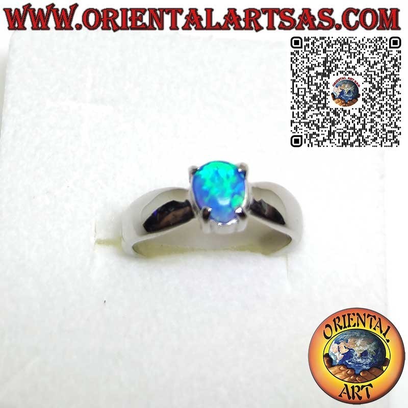 925er Silberring mit tropfenförmigem blauem Opal in 4 Krappen gefasst