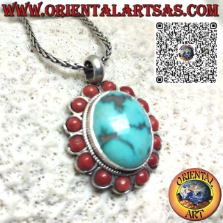 925 Sterling Silver Pendant with Natural Tibetan Turquoise and 14 Corals