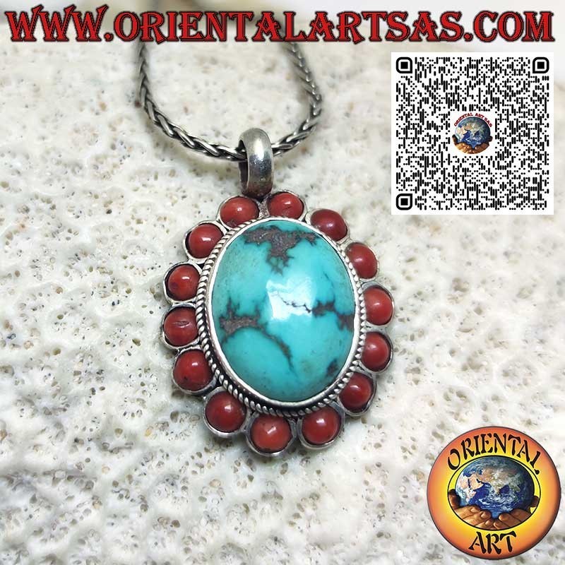 Colgante de plata 925 con turquesa tibetana natural y 14 corales
