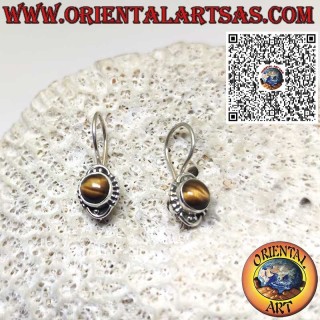 Boucles d’oreilles rondes en argent avec œil de tigre et perles – Fermoir crochet