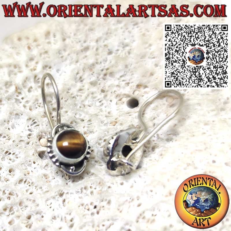 Round Silver Earrings with Tiger’s Eye and Beaded Edge – Hook Closure
