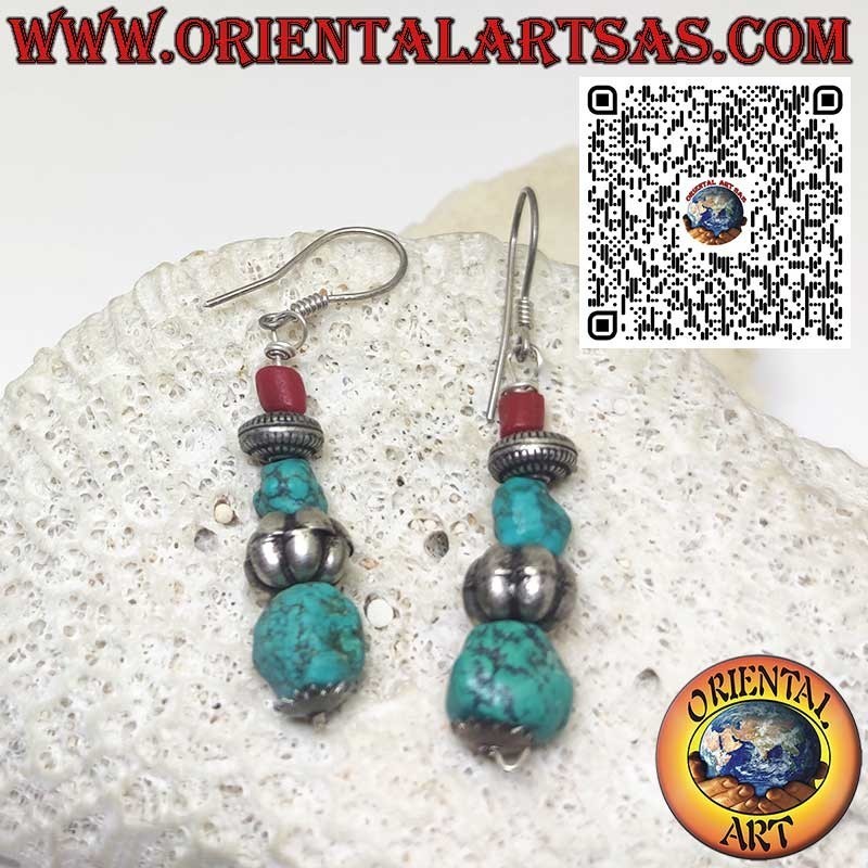 Boucles d'oreilles à levier en argent avec sphère entre turquoise tibétaine ancienne et cylindre de corail naturel