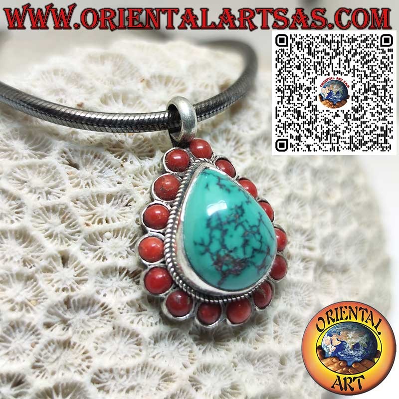 925 Silver Pendant with Natural Drop-Shaped Tibetan Turquoise and 15 Natural Corals