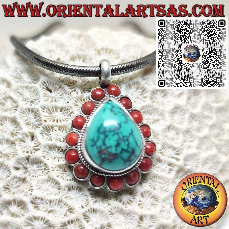925 Silver Pendant with Natural Drop-Shaped Tibetan Turquoise and 15 Natural Corals