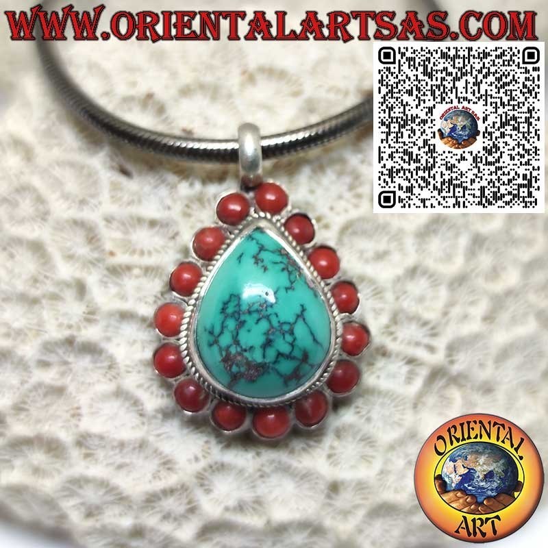 Colgante de plata 925 con turquesa tibetana natural en forma de gota y 15 corales naturales